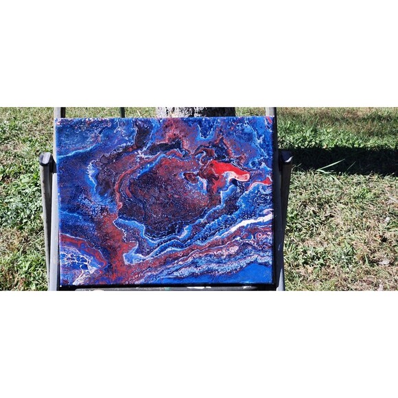 Crimson Current Red & Blue Fluid Acrylic Pour – 14x11 Handmade Canvas Art - Picture 1 of 1